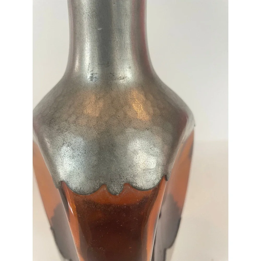 Vintage Amber Glass‎ Decanter Hammered Metal Overlay Scalloped Bottle Brutalist